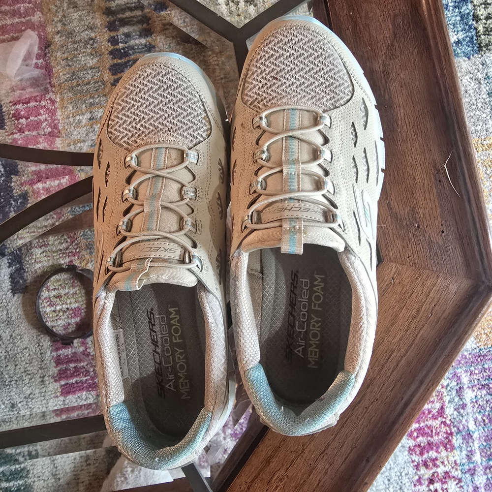 Beige and Blue Athletic Shoes